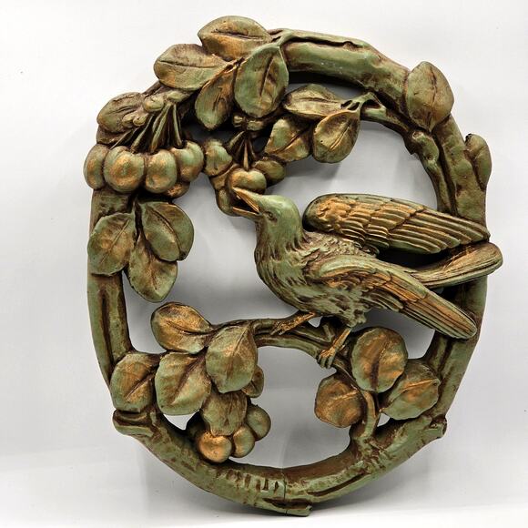 Mid-Century 1950s Universal Statuary Corp Bird Wall Art - Green-Gold 3D Plaque - Picture 2 of 10